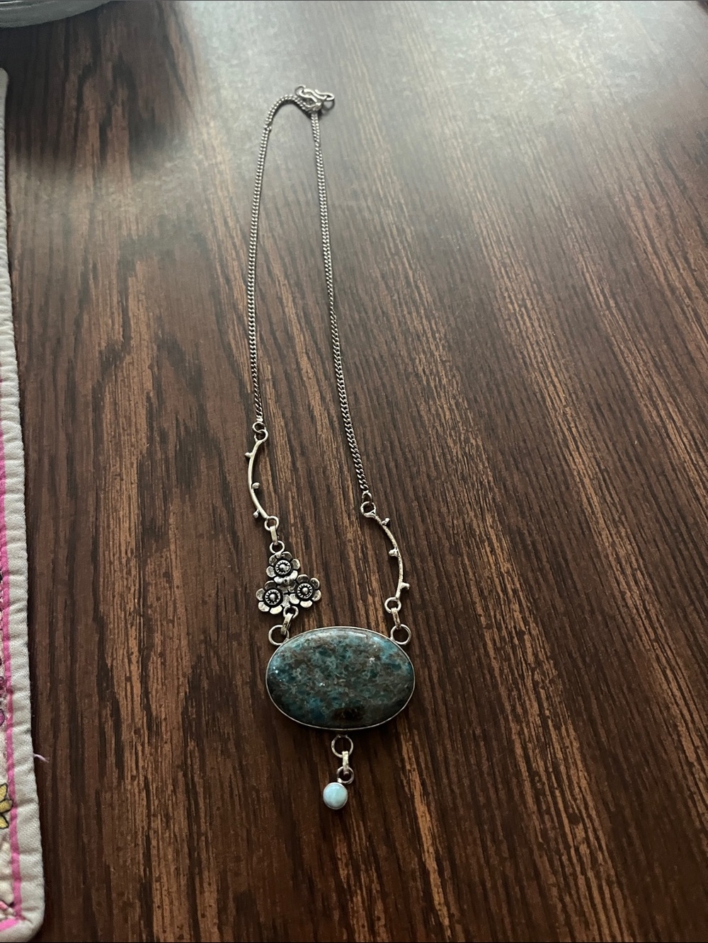 Sterling Silver Floral Pendant Necklace with Turquoise Stone